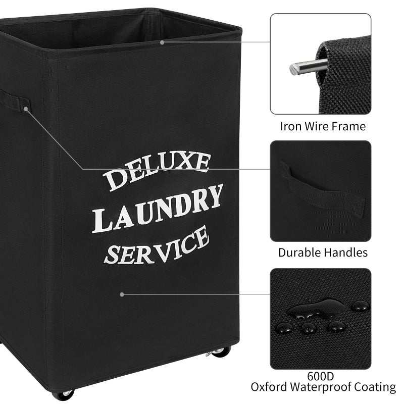 WOWLIVE Large Rolling Laundry Basket Wheels 90L Collapsible Tall Laundry Hamper Handle Foldable Dirty Clothing Basket Fold up Rectangular Hampers for Laundry Dorm Room (Black) - Image 4